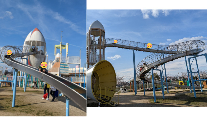 花園中央公園の大きな２つの滑り台で遊ぶ子どもたち